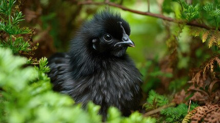 Fototapeta premium Adorable black chick with fluffy feathers nestled among lush green ferns in a serene natural setting