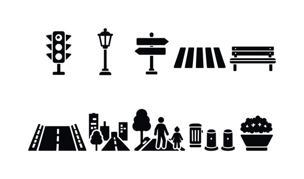 Urban street silhouette icon set. cityscape, public spaces silhouette collection.