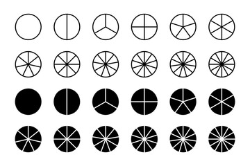 Set of circles divided into parts from 1 to 12 isolated on white background. Pie or pizza shapes are cut into equal slices. Round business chart or diagram examples. Vector graphic illustration.