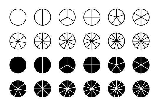 Set of circles divided into parts from 1 to 12 isolated on white background. Pie or pizza shapes are cut into equal slices. Round business chart or diagram examples. Vector graphic illustration.
