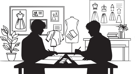 Fototapeta premium Vector illustration of two designers working on fashion sketches silhouette vector