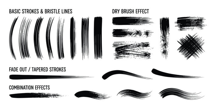 Brush stroke texture vector illustration, basic strokes, bristle lines, fade out tapered strokes, dry brush, combination effects