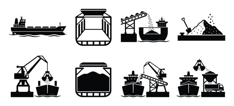 Bulk carrier cargo hold vector icons. Ship loading and unloading process black and white. Industry transport and container.