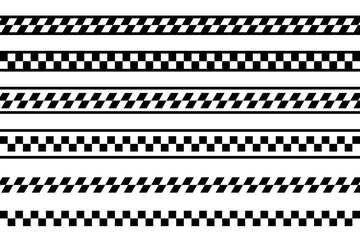 Set of borders or dividers with checkered print. Tapes with race flag, chessboard, taxi or police pattern. Strips with repeated black and white squares. Vector graphic illustration © Andrii