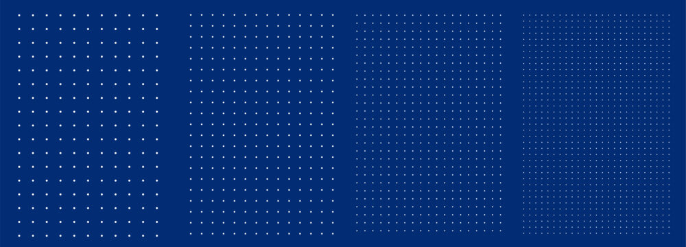 Set of dot grid blueprints on blue in four spacing options pattern. Even white dots form flexible matrix sheets bullet journals, planners interface layouts. Minimal abstract pack ideal diagrams modern