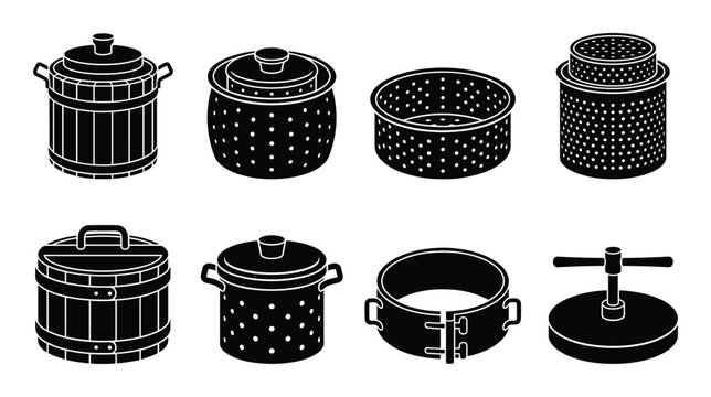 Cheese pressing mold wheel icons vector set. Cheese making equipment, round cheesemaking press tools collection.