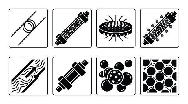 Chromatography techniques vector icons. Column, gel filtration, thin layer, affinity and adsorption chromatography.
