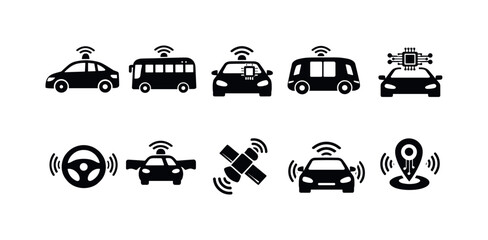 Obraz premium Self-driving, autonomous vehicle silhouette icon set. future transportation icons