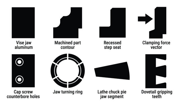 CNC machining soft jaw icons vector set: aluminum vise jaw, machined part contour, and dovetail gripping teeth