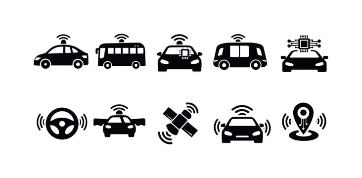 Self-driving, autonomous vehicle silhouette icon set. future transportation icons