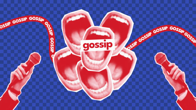Bold retro halftone collage about gossip culture with microphones and repeating text ribbon. Pop art social media concept about rumors, viral news and celebrity talk.