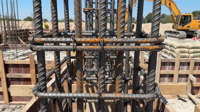 Reinforced concrete column formwork with steel rebar cage construction site