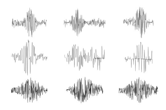 Set of polygraph or Richter magnitude scales isolated on white background. Seismograph or lie detector charts. Ground motion, earthquake line, sound or pulse record waves. Vector graphic illustration