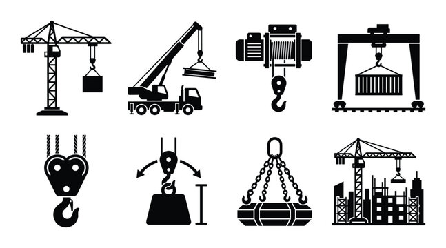 Crane boom hoist icons, industrial construction equipment, crane tower, bridge, hooks, vector illustration.