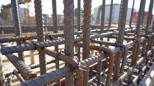 Reinforced Concrete Construction: Steel Rebar Grid for Foundation