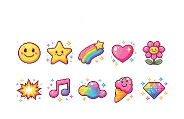 Fototapeta premium Cute, playful 3d icon set. emoji, star, rainbow, flower, heart, music, candy 3d icons collection.
