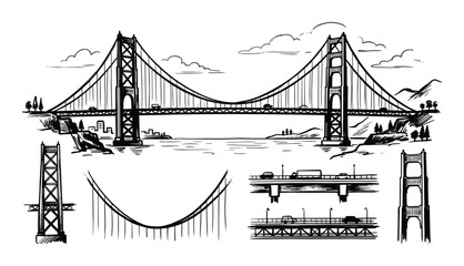 Fototapeta premium Detailed Bridge Sketch: Complete Structure, Towers, Suspension Cables and Roadway Views