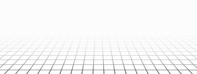 Perspective grid vanishing into infinity. Faded tile floor texture. Checkered plane pattern. Squared virtual reality surface. Geometric design. Mesh background. Vector graphic ilustration © Andrii