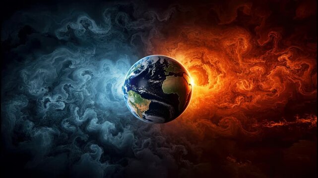 Planet earth suspended between icy blue swirl and fiery red storm, cosmic contrast and fire