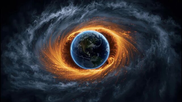 Planet fiery spiral vortex in space surrounding Earth with smoky swirling dark clouds