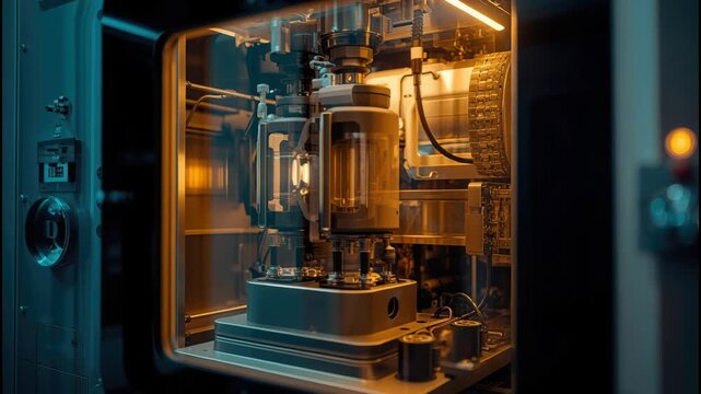 High tech laboratory filling machine with glass vials, precision glass chambers and polished