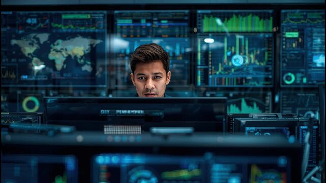 Data analyst monitor screen financial chart dashboard monitoring global cyber maps focused