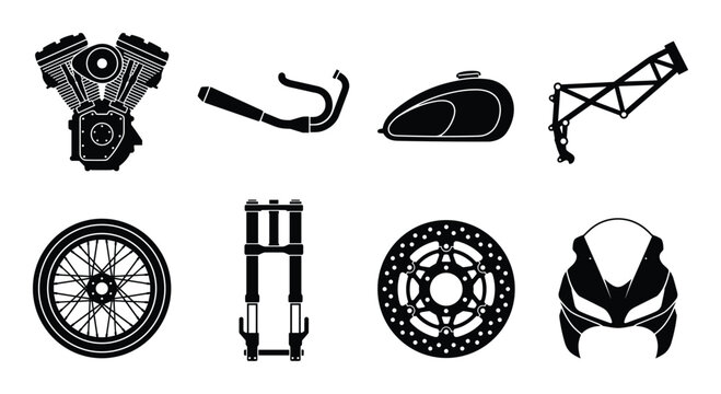 Detailed silhouette collection of motorcycle engine parts, exhaust, gas tank, frame, wheel, front fork, disc brake, front cowl