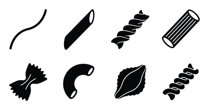 Detailed silhouette collection of pasta extrusion with diverse shapes, including penne, fusilli, farfalle, rigatoni and elbow macaroni.