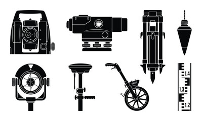 Detailed silhouette collection of surveying equipment, total station, level, tripod, prism, GPS receiver, measuring wheel and rod.