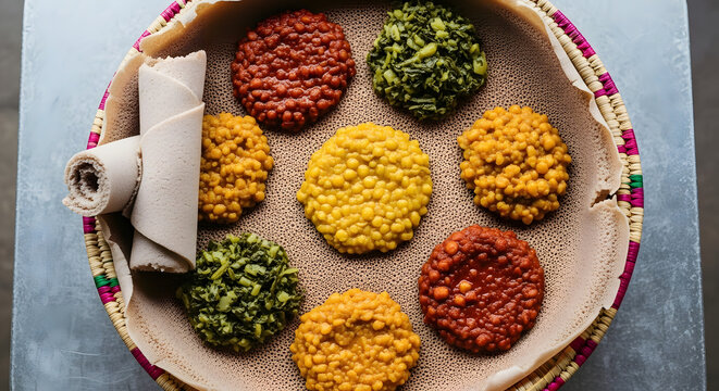 Ethiopian injera bread with assorted stews and vegetables, traditional african cuisine served on large platter