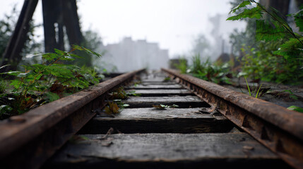Obraz premium Rails to the Horizon: Leading lines of a railway track disappear into a misty, obscured horizon. The image conveys a sense of mystery, journey, and the unknown.