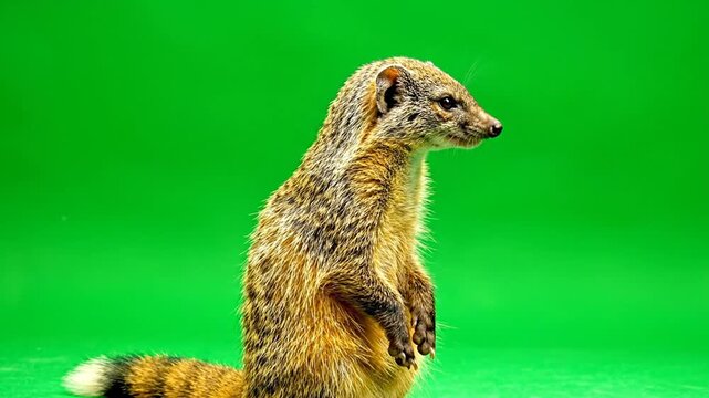 A ringtail, a small nocturnal mammal, stands upright on its hind legs against a bright green background, showcasing its distinctive striped tail.