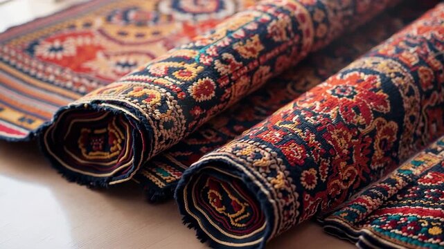 Oriental rug roll with intricate floral pattern and warm red navy tones evoking cozy elegance