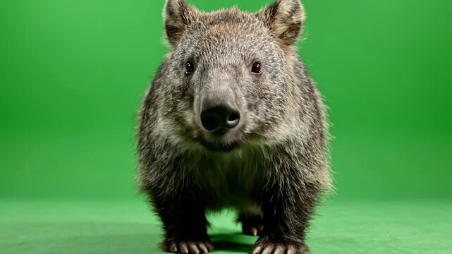 A close-up, front-facing shot of a furry wombat standing against a vibrant green screen background, looking directly at the viewer.