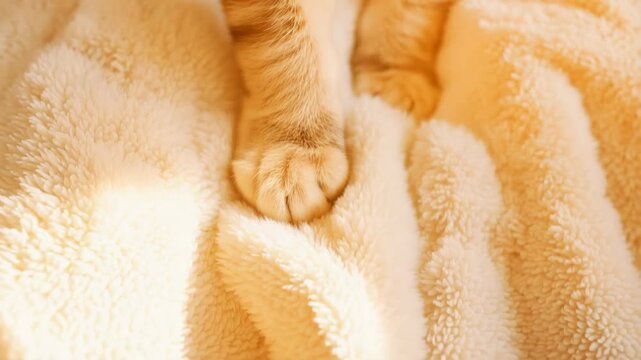 Soft tabby cat paw on plush cream blanket with warm texture and cozy fur comfort