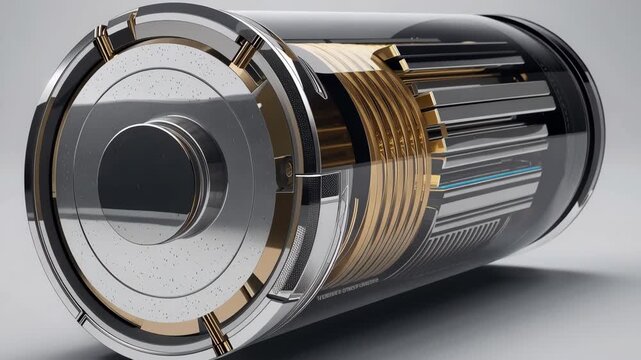 Transparent cylindrical battery with visible copper coil layered cells sleek futuristic energy