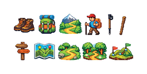 Obraz premium Hiking and camping pixel art icon set. outdoor, adventure, wilderness pixel icons