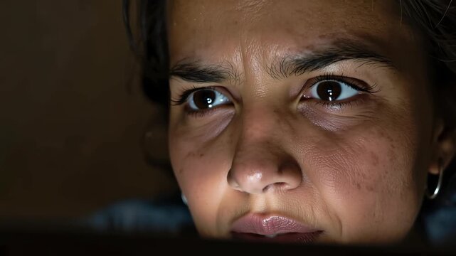 Young woman female person close up face eyes focused squinting glowing screen late night intense