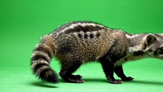 A small, striped, civet-like mammal with a long ringed tail walks across a vibrant green background, showcasing its distinctive fur patterns.