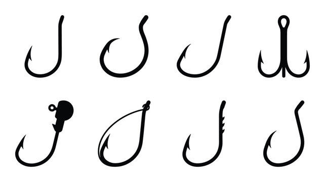 Fishing hook bend style icons. Different bend shapes. Fishing equipment design. Sharp point, eye, shank, bend, and barb. Tackle silhouette.