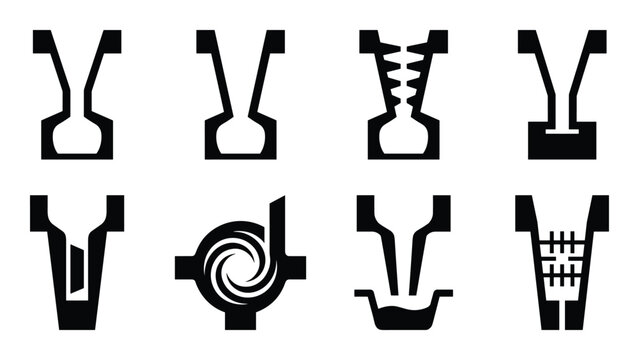 Foundry runner gate choke design icons set. Casting system illustration for metalworking, manufacturing process vector.