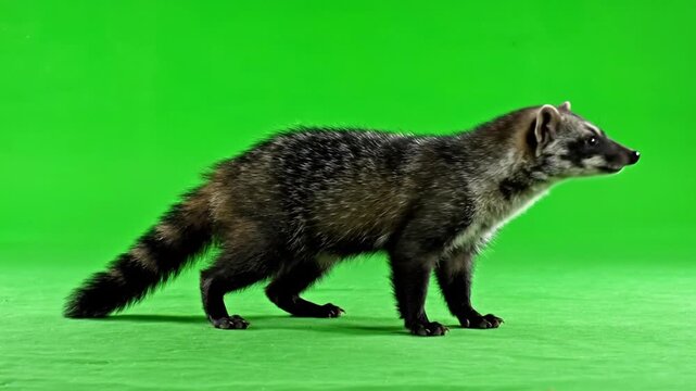A side profile shot of an Asian palm civet standing on a vibrant green background, showcasing its dark fur and striped tail.