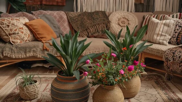 Bohemian living room woven planter indoor plant textured cushion layered textile cozy calm