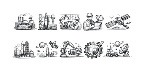 Fototapeta premium Space exploration sketch icon set. rocket, satellite, astronaut line icon collection