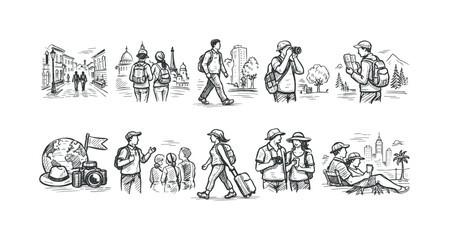 Fototapeta premium Travel and tourism drawing icon set. sketch style, adventure, landmarks, cities