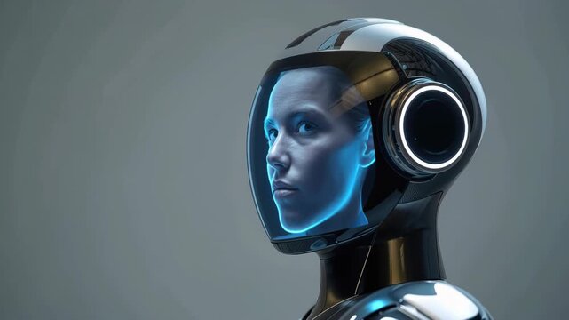 Futuristic robot humanoid profile with illuminated visor and sleek helmet, serene contemplative