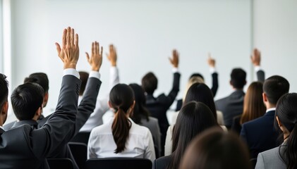 Obraz premium Engagement in the Assembly: An assembly of individuals, arms raised in a gesture of active participation, surrounded by the focus of the event or presentation. This imagery speaks to collaboration.