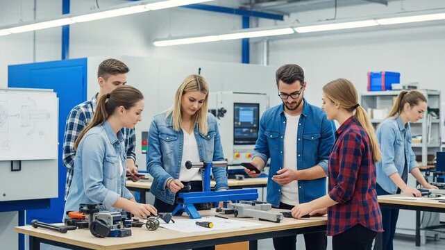 University engineering students collaborate actively while assembling complex mechanical devices in workshop motion video footage