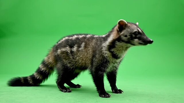 An Asian palm civet, a small nocturnal mammal, stands against a vibrant green background, showcasing its distinctive striped and spotted fur pattern.