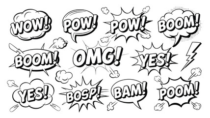 Comic book style sketch, speech bubble explosion text, hand drawn comic strips set, BOOM WOW BAM OMG BANG POW, pop art vector illustration © Khoteza